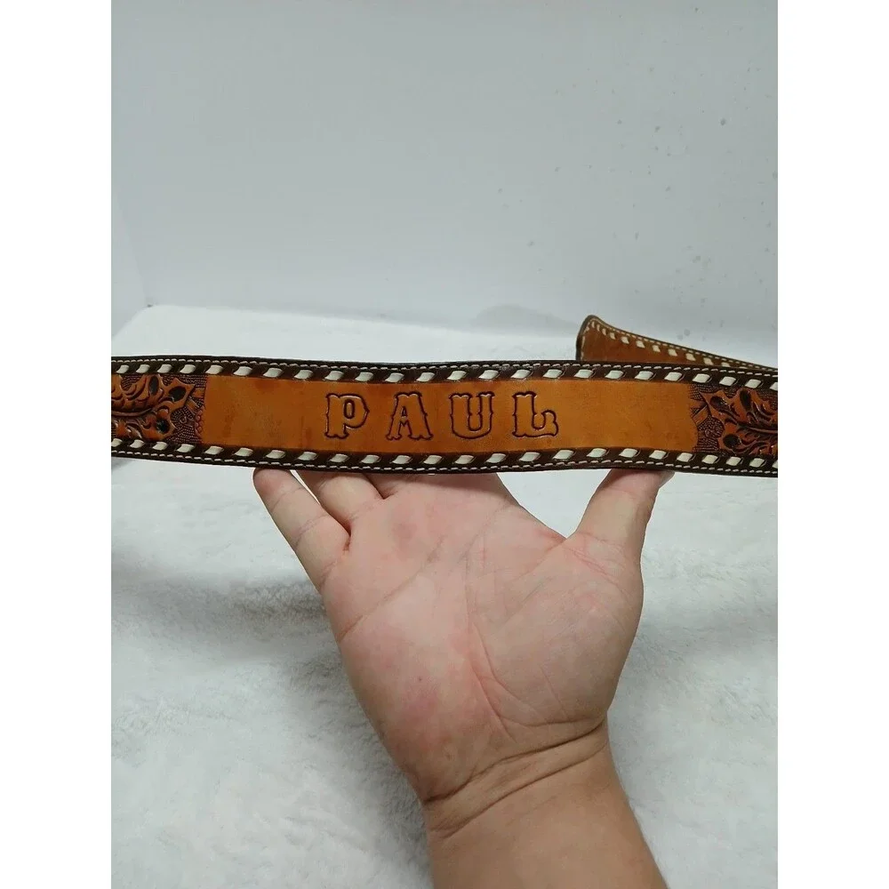​Hand-Tooled Leather Belt with Floral Design & White Stitching Custom 
